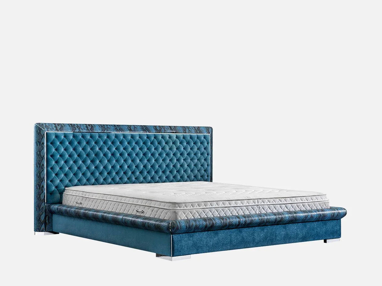 Angle view of MB-610 luxury king bed frame showcasing 304 stainless steel brass-plated details and 200×220 spacious mattress area