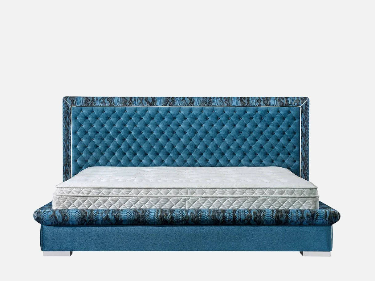 Front view of MB-610 luxury king bed frame – Art Deco design with diamond-tufted teal velvet headboard and embossed snake-print leather accents