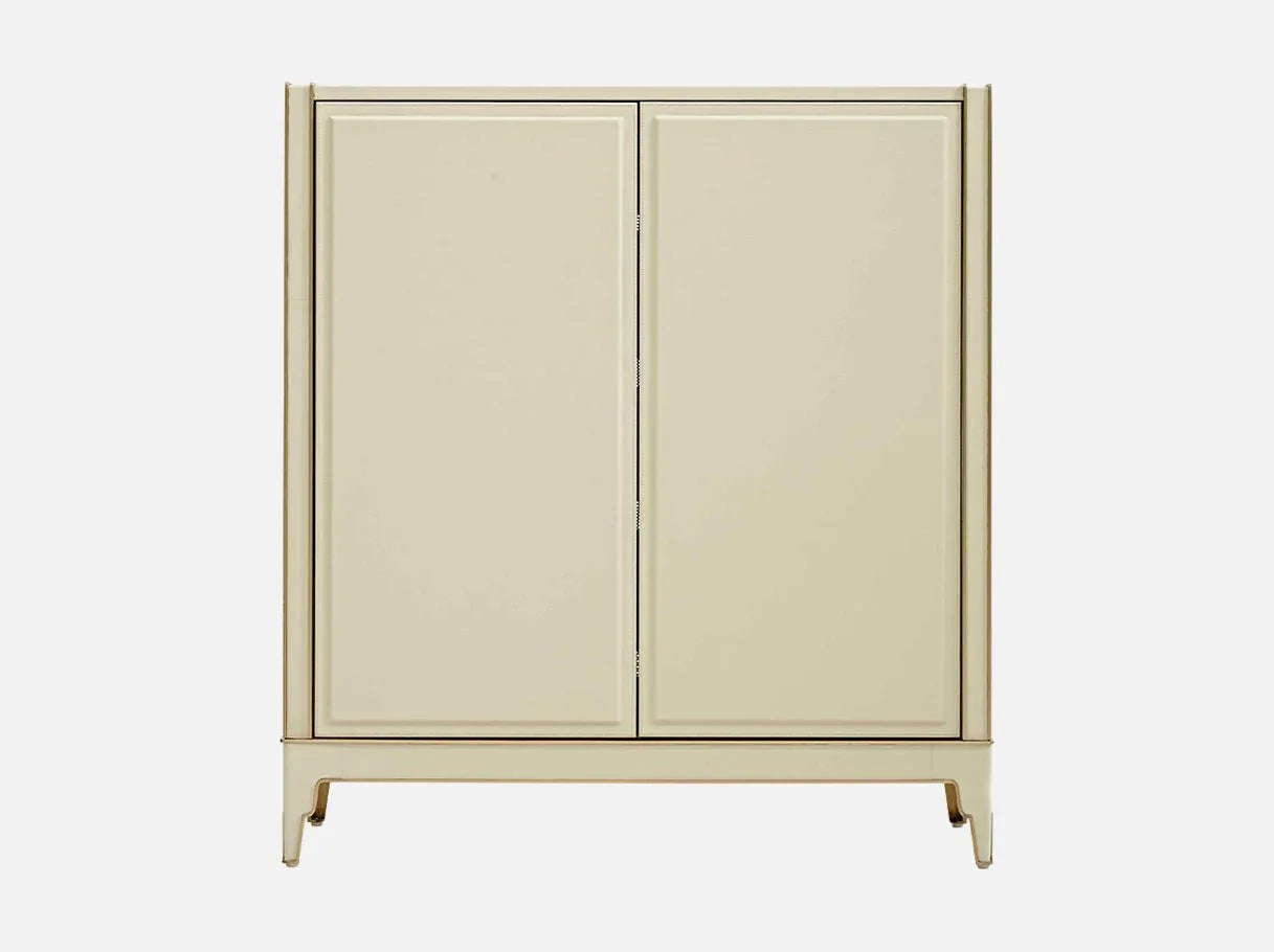 Front view of MX-2781 chest of drawers — faux leather finish, 304 stainless steel brass-plated details, modern luxury design