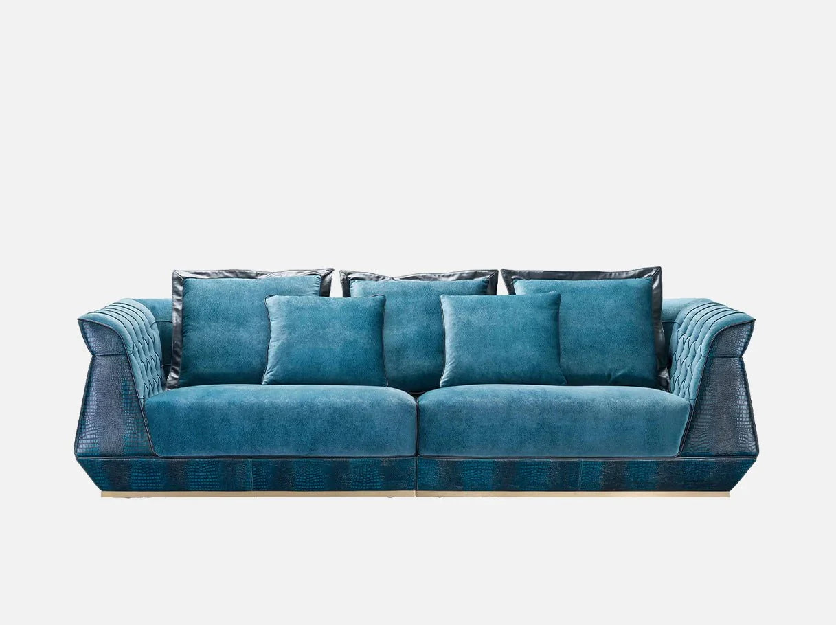 Front view of MS-2511 blue velvet sofa with crocodile-embossed cowhide accents and tailored teal cushions – Art Deco luxury furniture