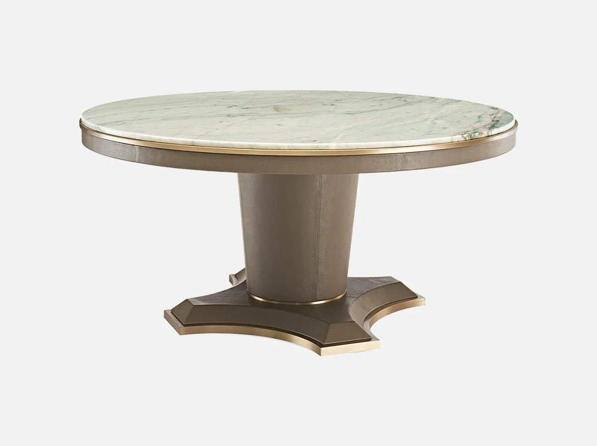Front view of MD-2021 marble round dining table — luxury table with Royal Green marble top, tech leather base, and brass-plated stainless steel accents