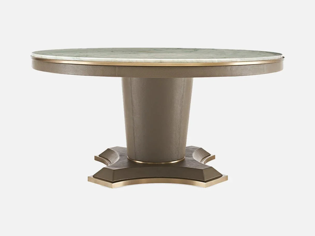 Angle view of MD-2021 marble round dining table showcasing Royal Green marble’s deep green hues, polished luster, and Art Deco-inspired brass details