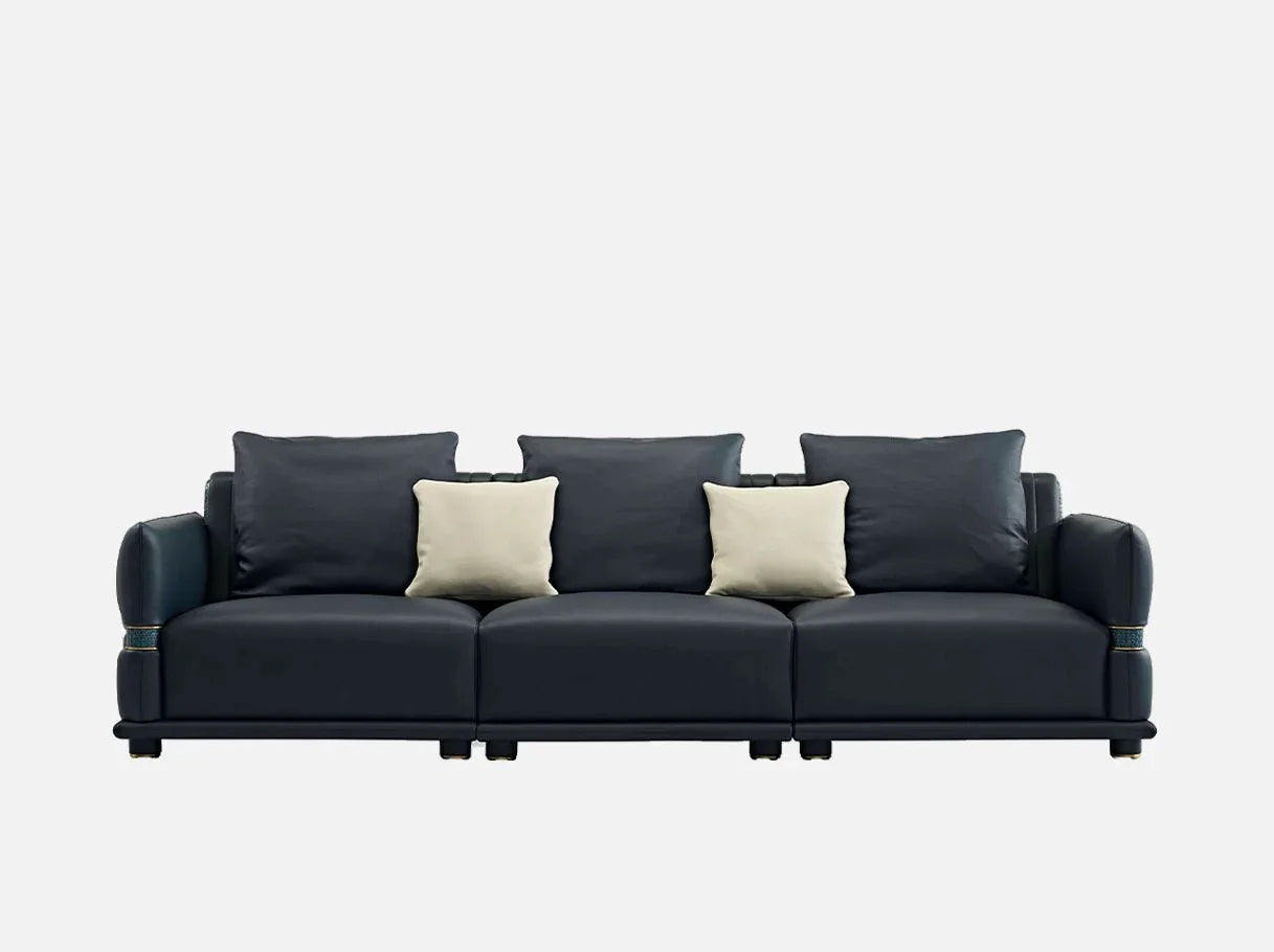 Front view of MS-3130 modern black leather sofa in full-grain aniline cowhide with cream cushions – Art Deco luxury furniture