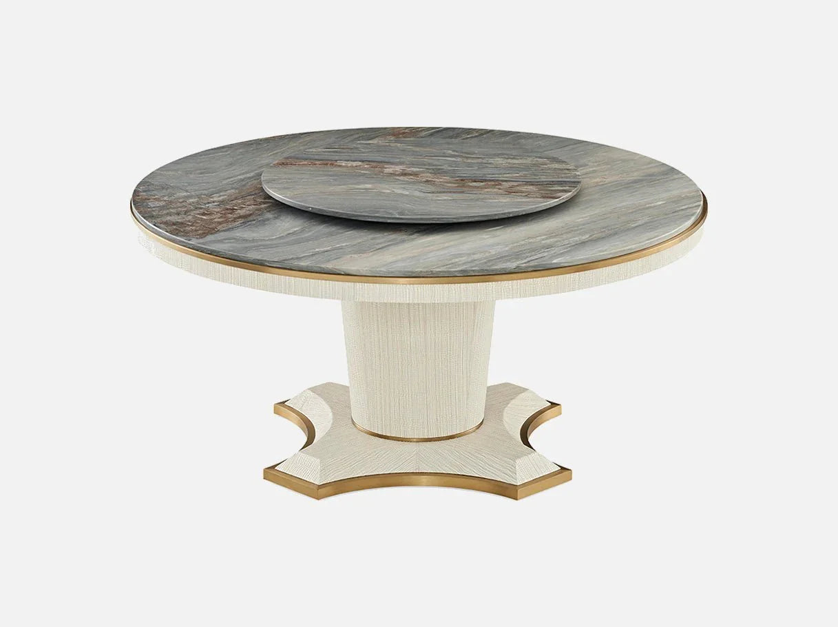 Front view of MD-2021 marble round dining table — luxury table with Blue Sand marble top, faux leather base, and brass-plated stainless steel accents