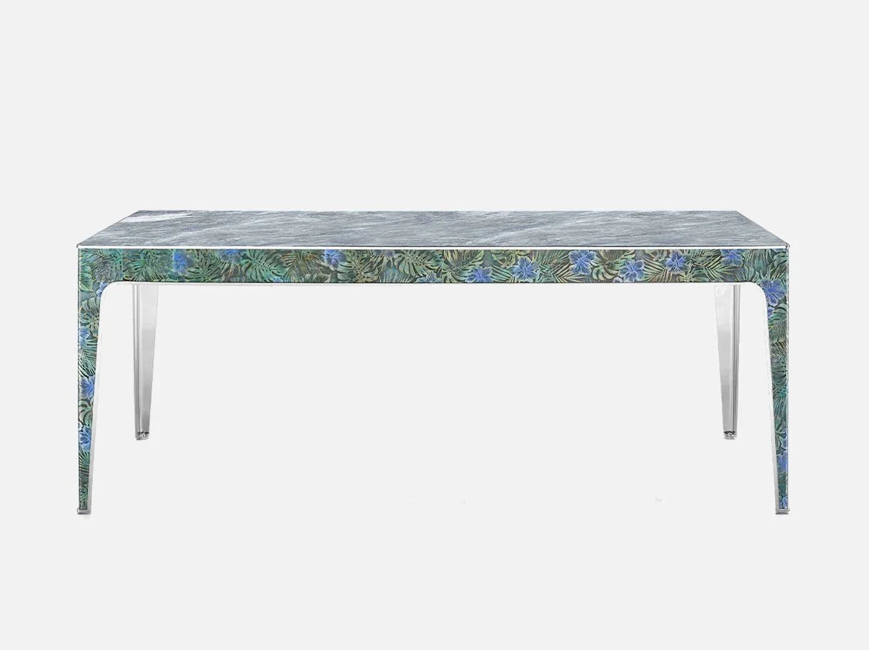 Front view of MD-2682 rectangle dining table — luxury table with polished Blue Sand marble top, embossed leather edges, and 304 stainless steel legs