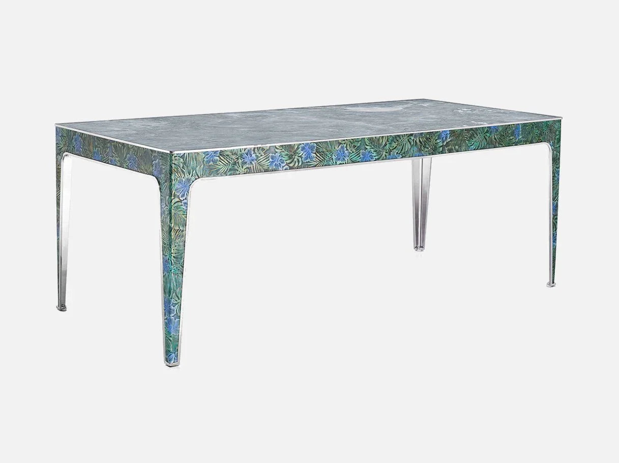 Angle view of MD-2682 rectangle dining table showcasing Italian Blue Sand marble’s straight grain, golden flecks, and stainless steel accents