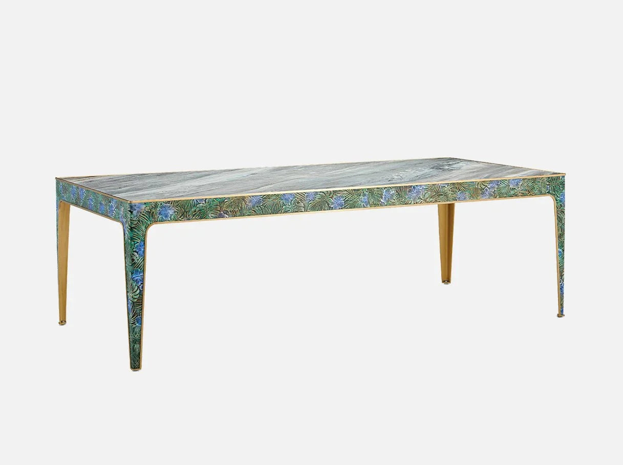 Angle view of MD-2681 rectangle dining table showcasing Italian Blue Sand marble’s straight grain and golden flecks, paired with brass-plated accents