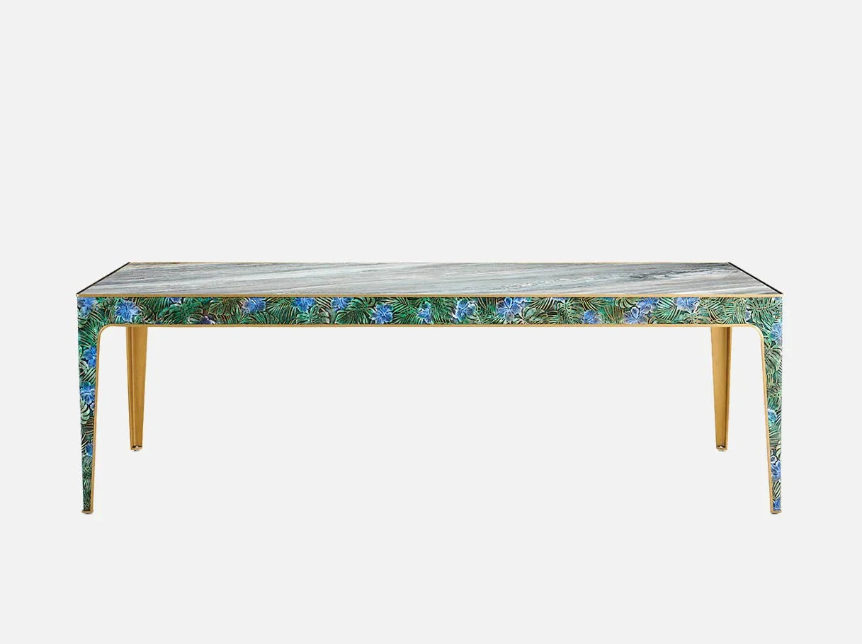 Front view of MD-2681 rectangle dining table — luxury table with polished Blue Sand marble top, embossed leather edges, and brass-plated stainless steel legs