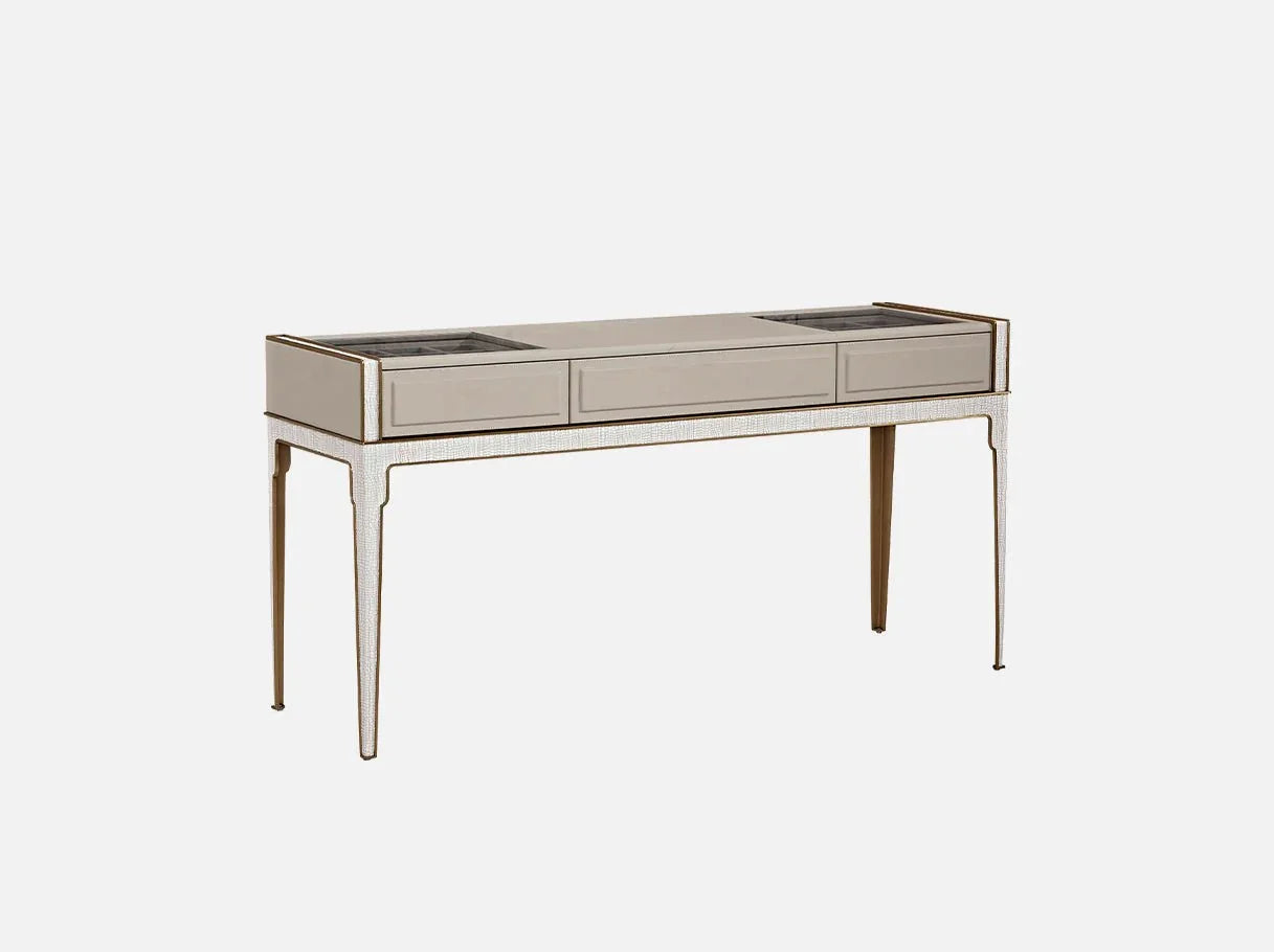 Side angle of MV-2785 luxury vanity desk with embossed leather finish