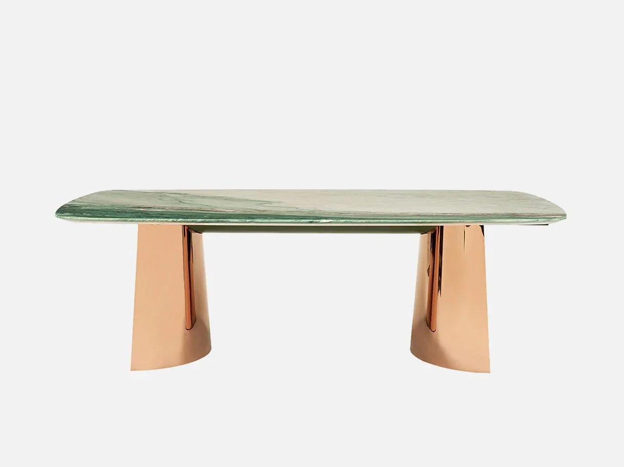 Front view of MD-2887 large dining room table — luxury table with polished Royal Green marble top and brass-plated stainless steel bases