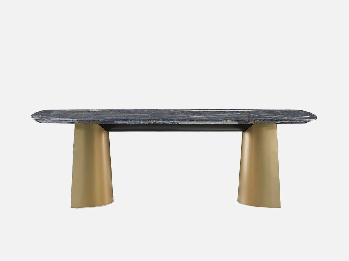 Front view of MD-2887 contemporary dining table — luxury table with sapphire-like marble top and brass-plated stainless steel bases