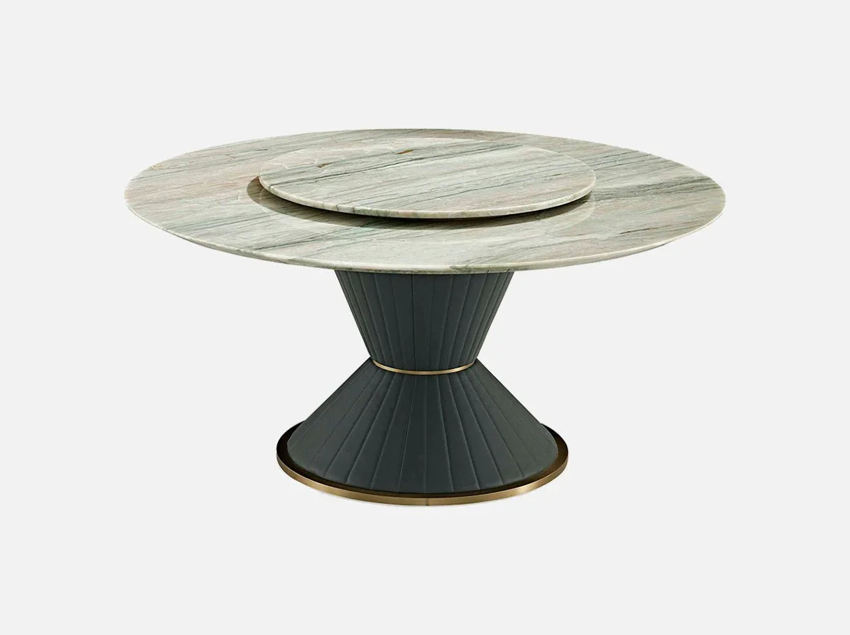 Front view of MD-3003-2 modern circle dining table — luxury table with Royal Green marble top, tech leather base, brass-plated accents, and marble lazy Susan