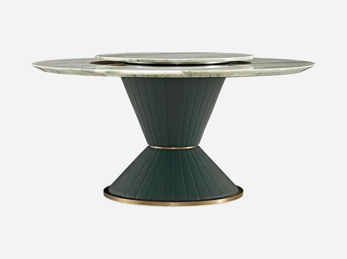 Angle view of MD-3003-2 modern circle dining table showcasing Royal Green marble’s veining, tech leather’s ribbed texture, and brass-plated details
