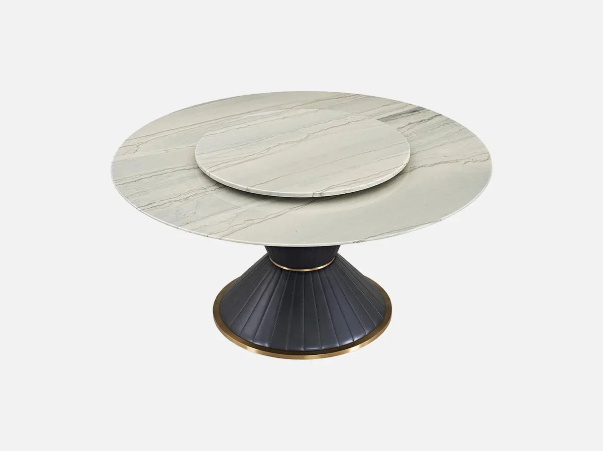 Front view of MD-3003-1 modern circle dining table — luxury table with Royal Green marble top, tech leather base, brass-plated accents, and marble lazy Susan