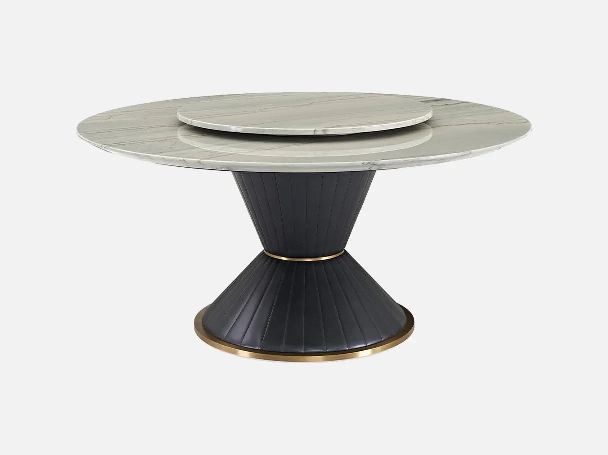 Angle view of MD-3003-1 modern circle dining table showcasing Royal Green marble’s veining, tech leather’s ribbed texture, and brass-plated details