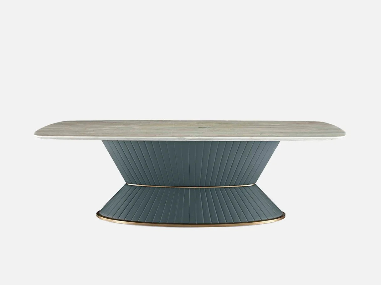 Front view of MD-5001 long dining room table — luxury table with Royal Green marble top, tech leather base, and brass-plated stainless steel accents