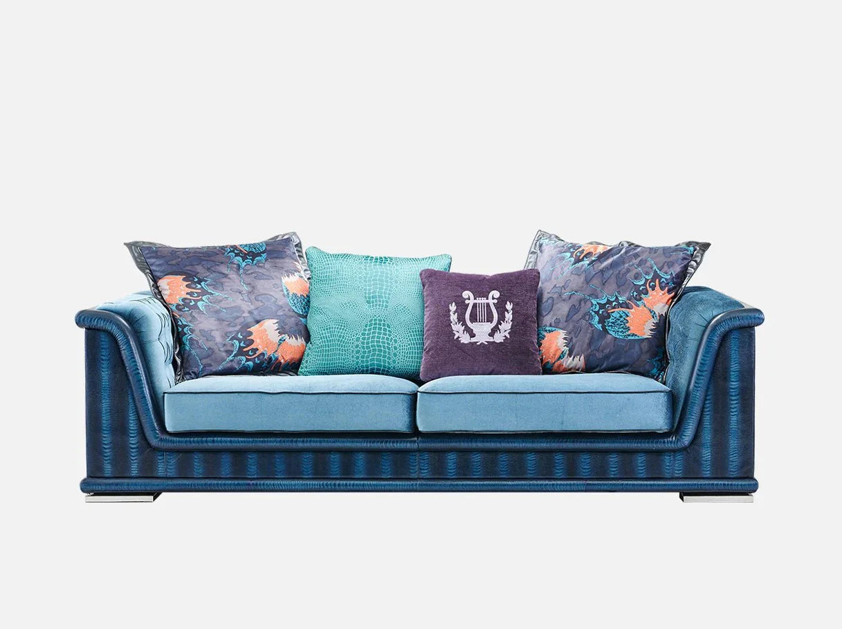 Front view of MS-2002 modern style sofa in blue jacquard cut velvet with ostrich foot embossed cowhide and vibrant cushions – Art Deco luxury furniture