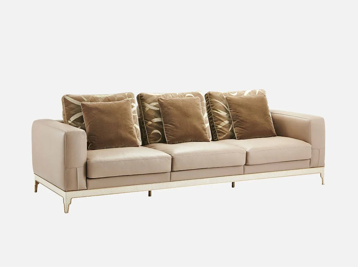 Side angle of MS-2638 modern living room sofa showcasing brass-plated frame details and tailored silhouette