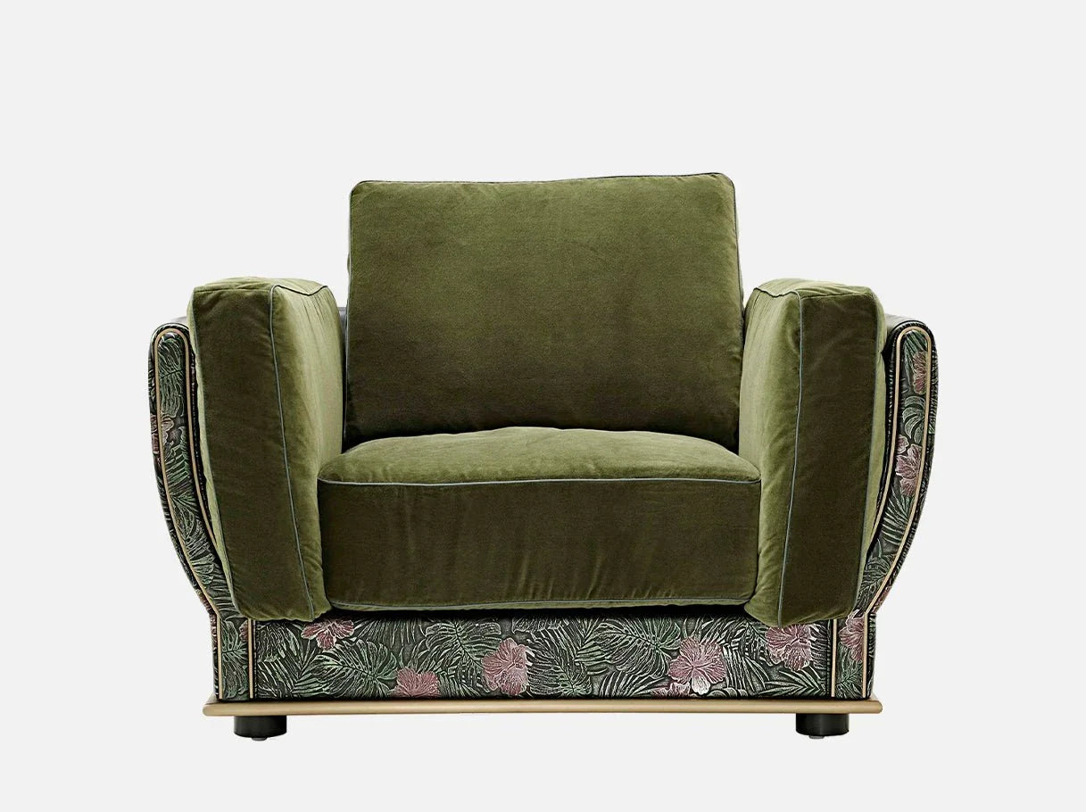 Front view of MA-2788 emerald furniture accent chair with embossed cowhide and botanical-patterned details – Art Deco-inspired luxury design