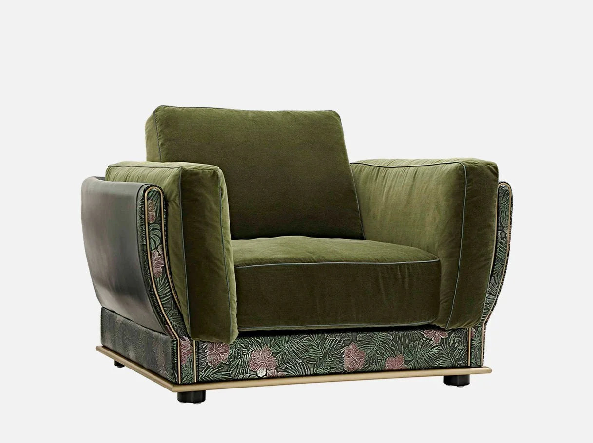 Side angle of MA-2788 emerald furniture accent chair showcasing plush velvet upholstery and tailored emerald silhouette