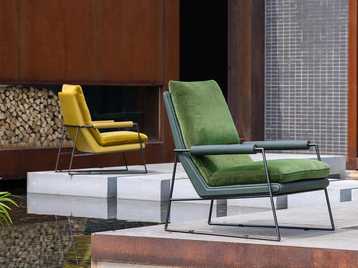 Art Deco armchair placed outdoors by the garden, styled as luxury garden chair