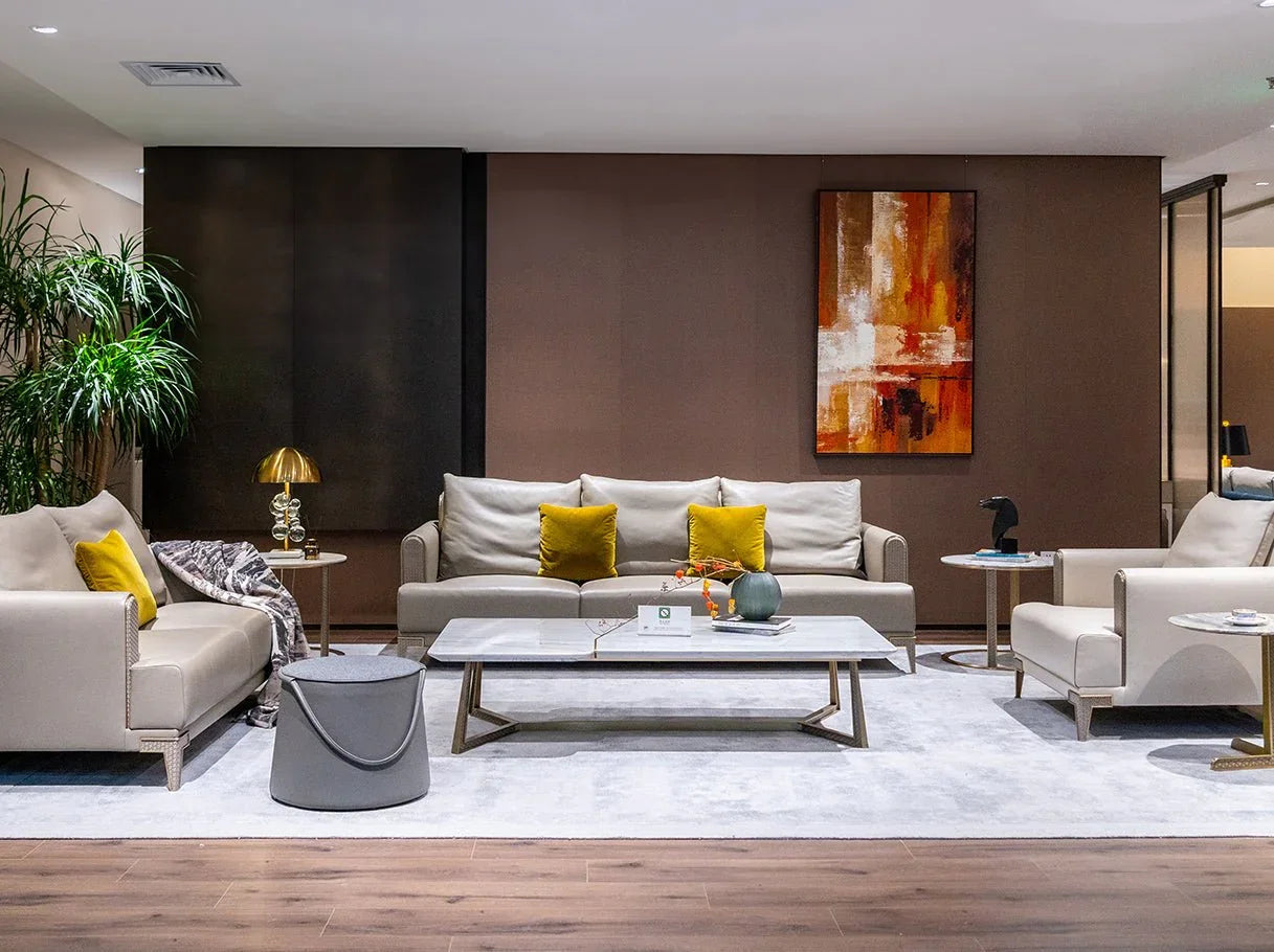 Modern living room with MS-3130 Art Deco sofa, matching armchairs, and luxury interior decor.