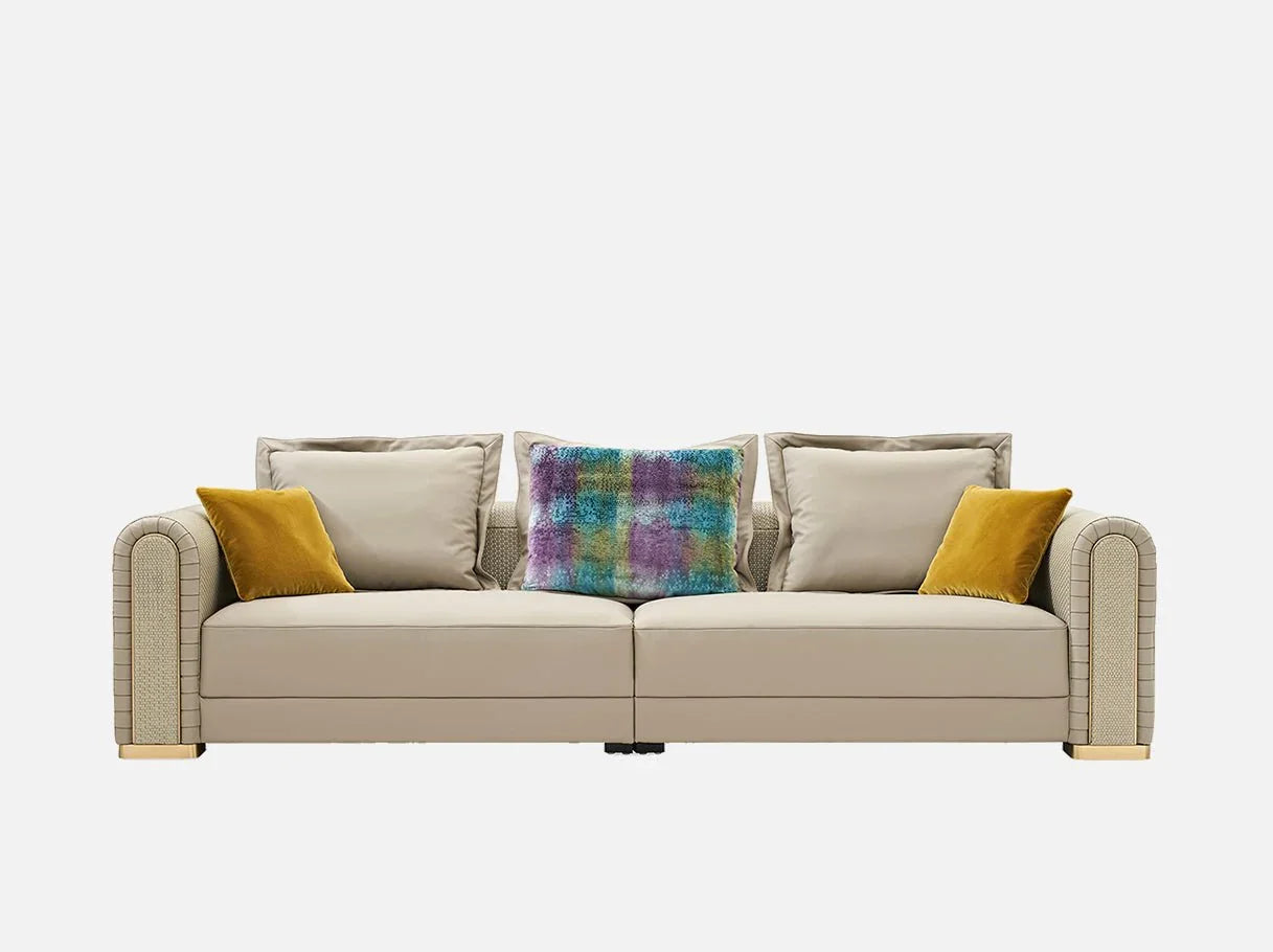 Front view of MS-3139 luxurious sofa in neutral tones with accent cushions – Art Deco-inspired luxury furniture