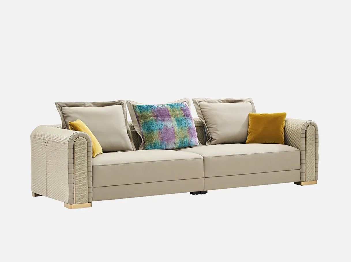 Side angle of MS-3139 luxurious sofa showcasing brass-plated details and six-pointed star embossed leather