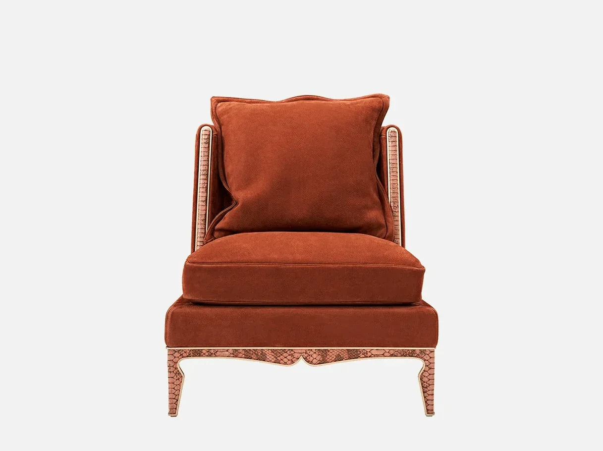 Front view of MA-2336 comfortable armchair for reading with embossed cowhide and terracotta upholstery – Art Deco-inspired luxury furniture