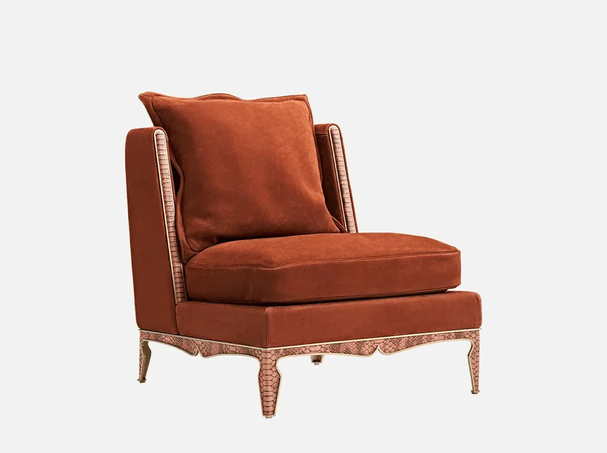 Side angle of MA-2336 comfortable armchair for reading showcasing 304 stainless steel brass-plated frame details and plush silhouette