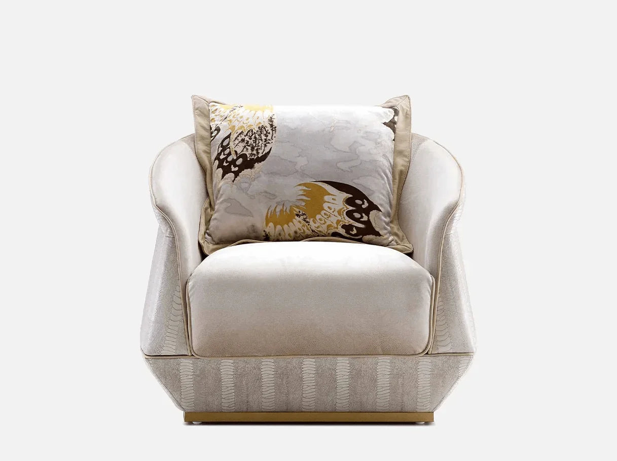 Front view of MA-2513 barrel armchair with ostrich-embossed cowhide trim and charcoal velvet upholstery – Art Deco-inspired luxury furniture