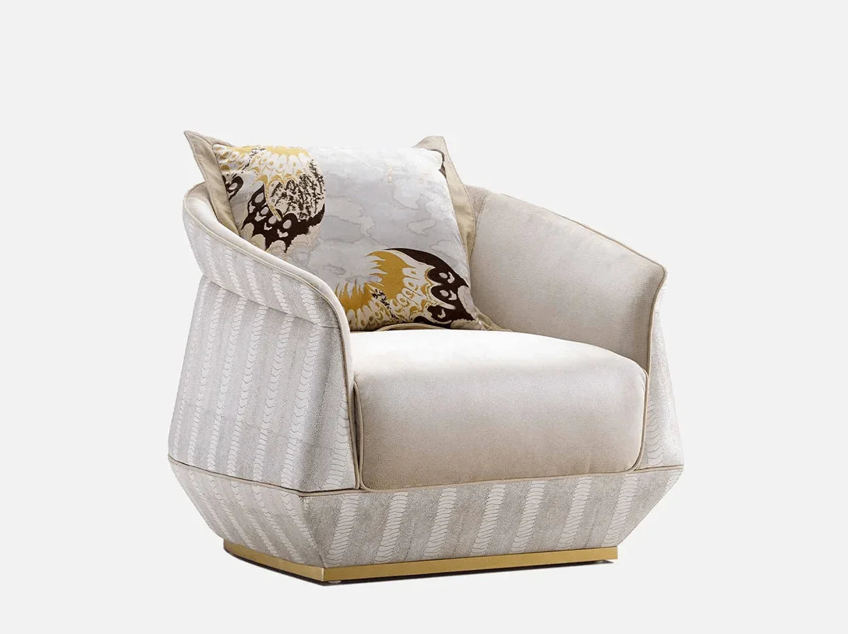 Side angle of MA-2513 barrel armchair showcasing 304 stainless steel brass-plated fixed base and contoured barrel silhouette