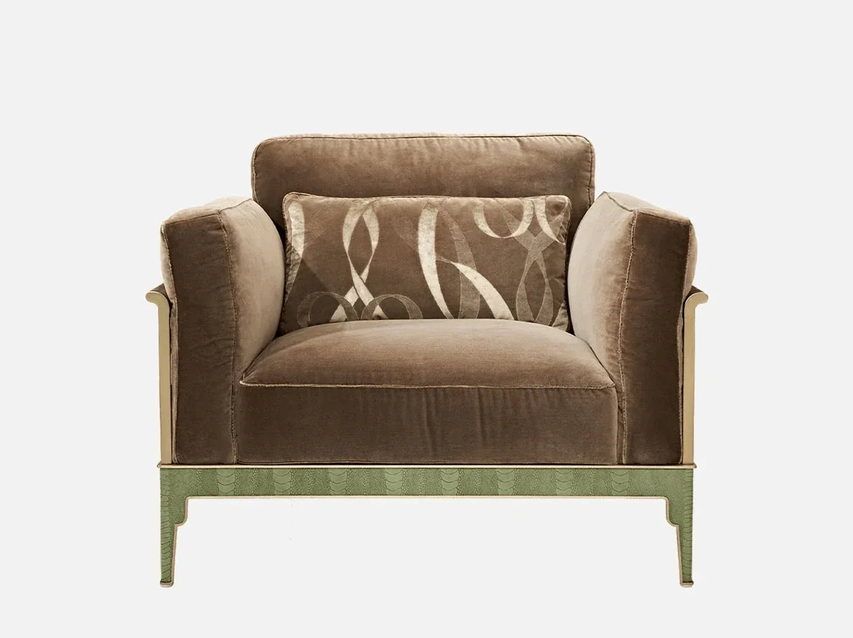 Front view of MA-2731 chair modern style with ostrich-embossed cowhide and yellow velvet upholstery – Art Deco-inspired luxury furniture