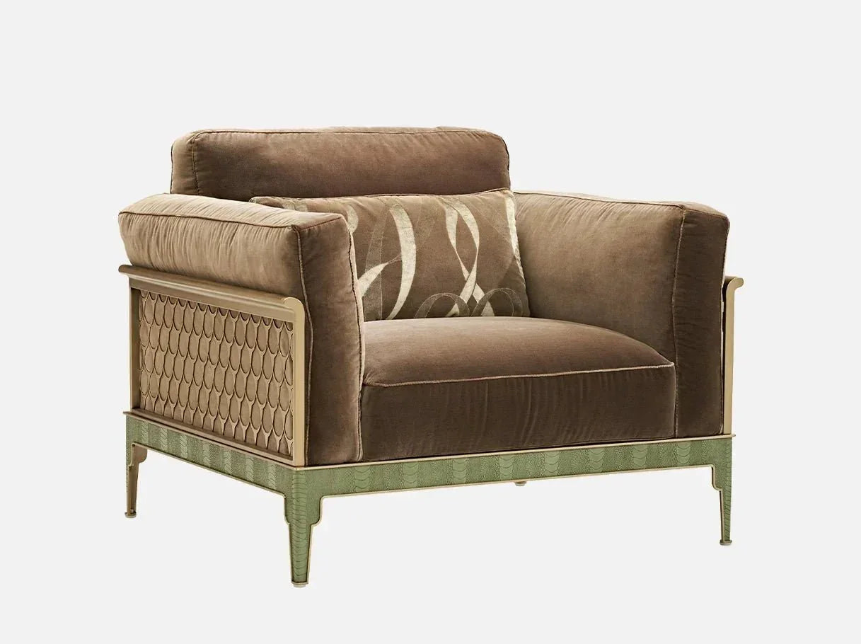 Side angle of MA-2731 chair modern style showcasing 304 stainless steel brass-plated frame details and tailored silhouette