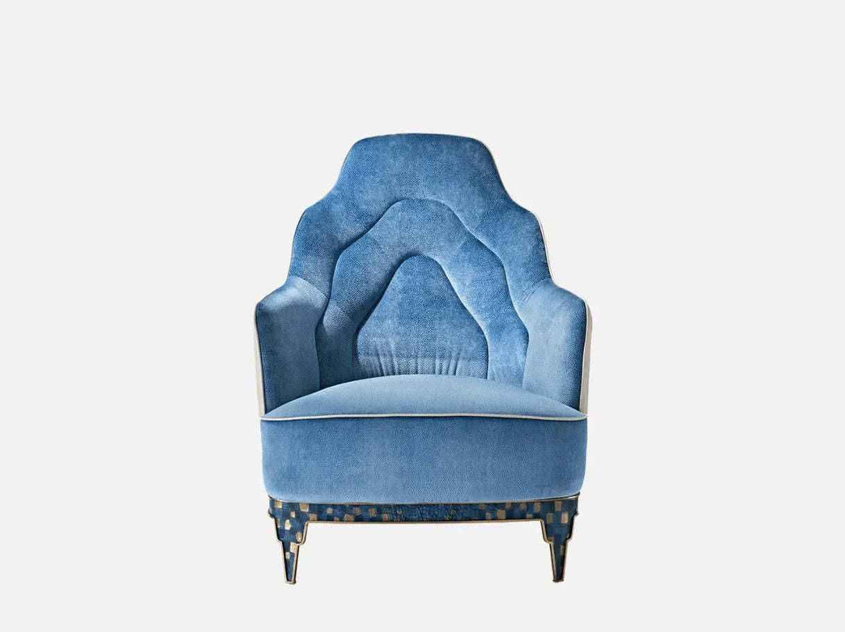 Front view of MA-2927 accent chair modern in soft blue velvet with embossed calfskin accents – Art Deco-inspired luxury furniture