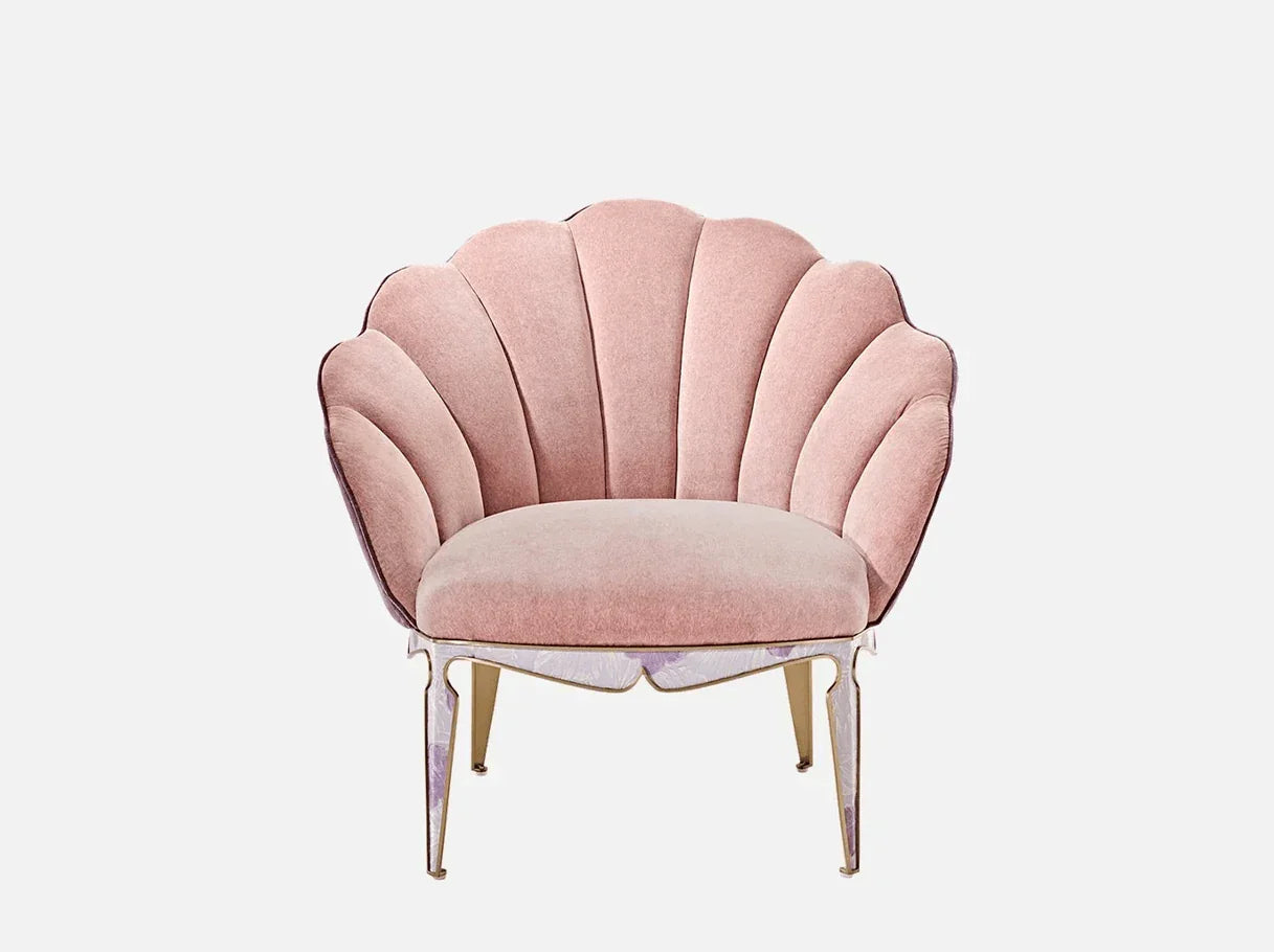 Front view of MA-2928 shell chair with embossed cowhide and pink blend fabric upholstery – Art Deco-inspired luxury furniture
