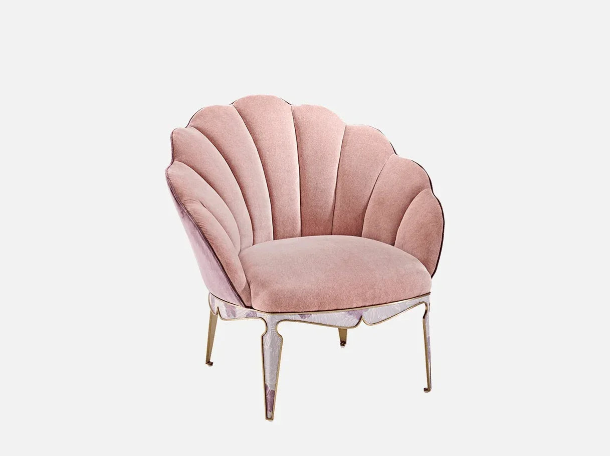 Side angle of MA-2928 shell chair showcasing 304 stainless steel brass-plated base and sculptural shell silhouette