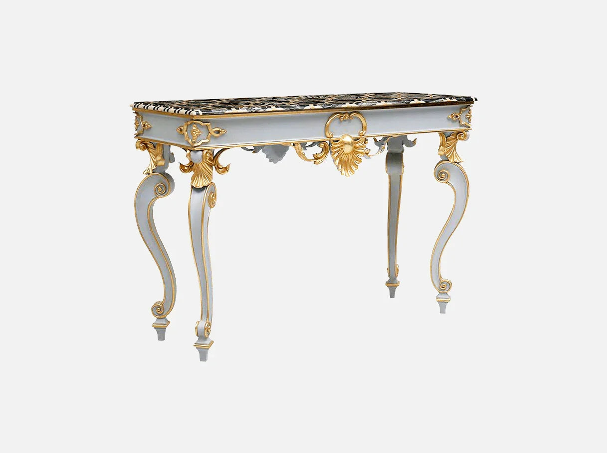 Side view of marble console table CS-0028 with hand-carved beechwood frame, gold leaf details, and luxurious marble top for elegant interiors.