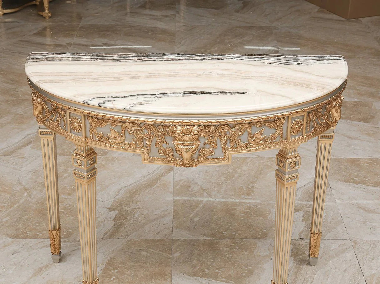 Top perspective of gold console table CS-0063 with polished marble surface and intricate gold carved frame.