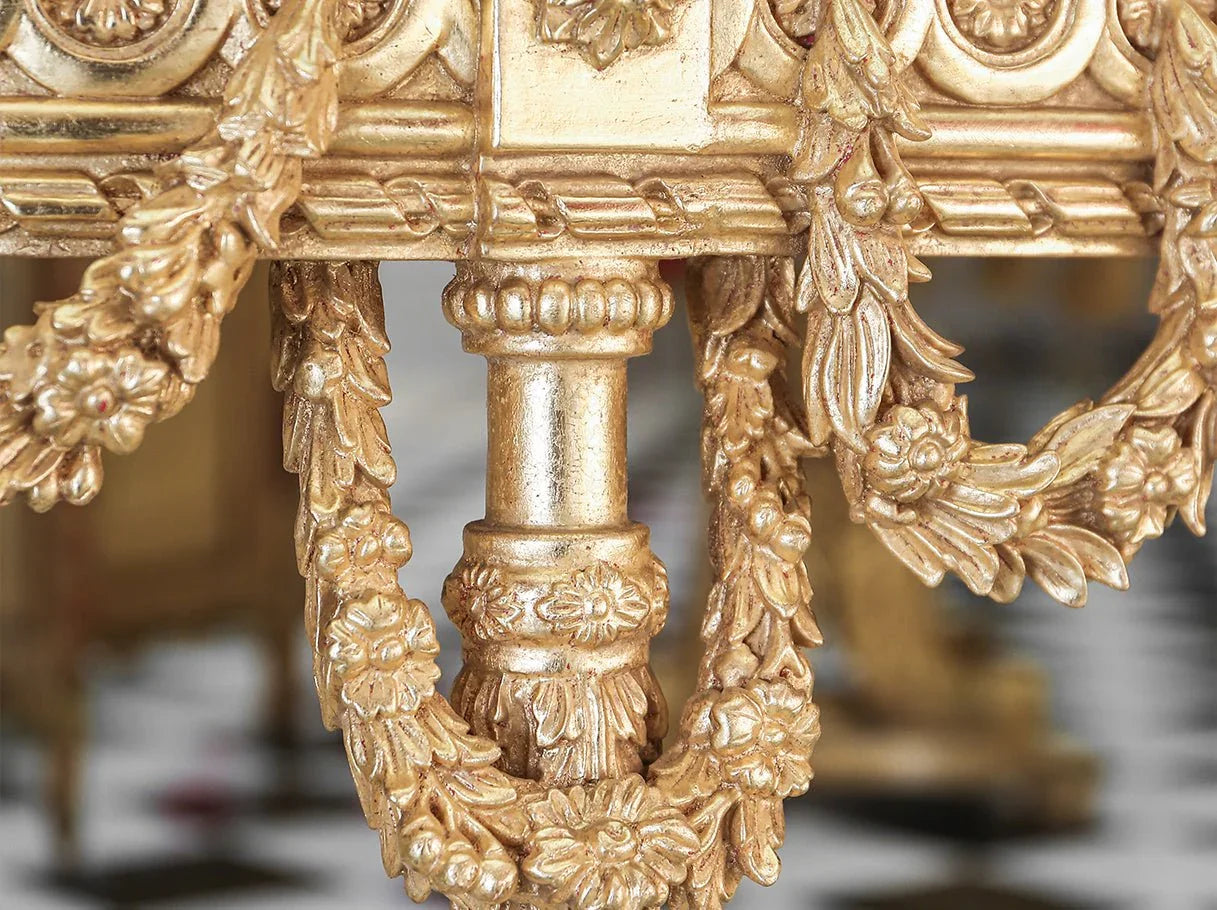 Detail of carved garlands and classical motifs on retro console table CS-0238, highlighting artisan craftsmanship in gold leaf finish.