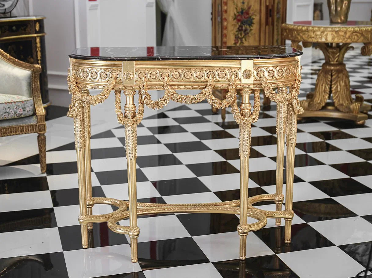 Interior placement of retro console table CS-0238 in luxury living room, featuring black marble top and ornate gold carving.