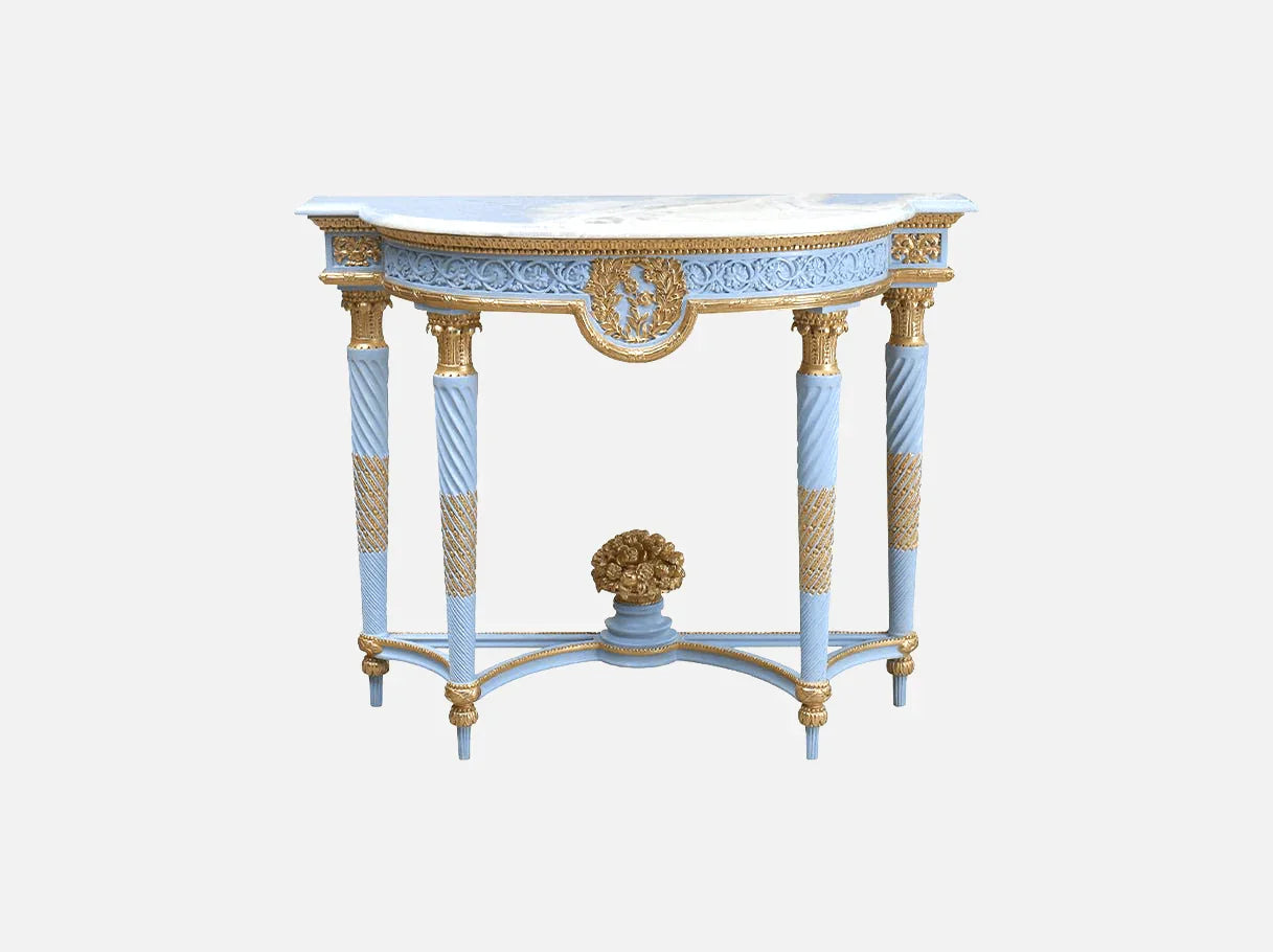 Front view of blue console table CS-0262 with marble top, hand-carved beechwood frame, and gold leaf details for luxury interiors.