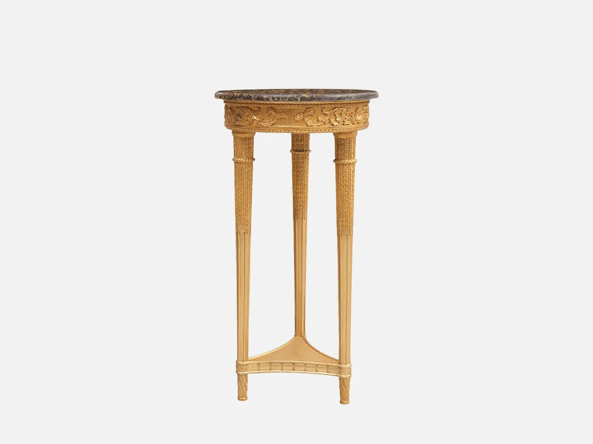 Front view of Marble Console Table CS-0363 with hand-carved beechwood frame, gold leaf accents, and a round marble top on three tapered legs.