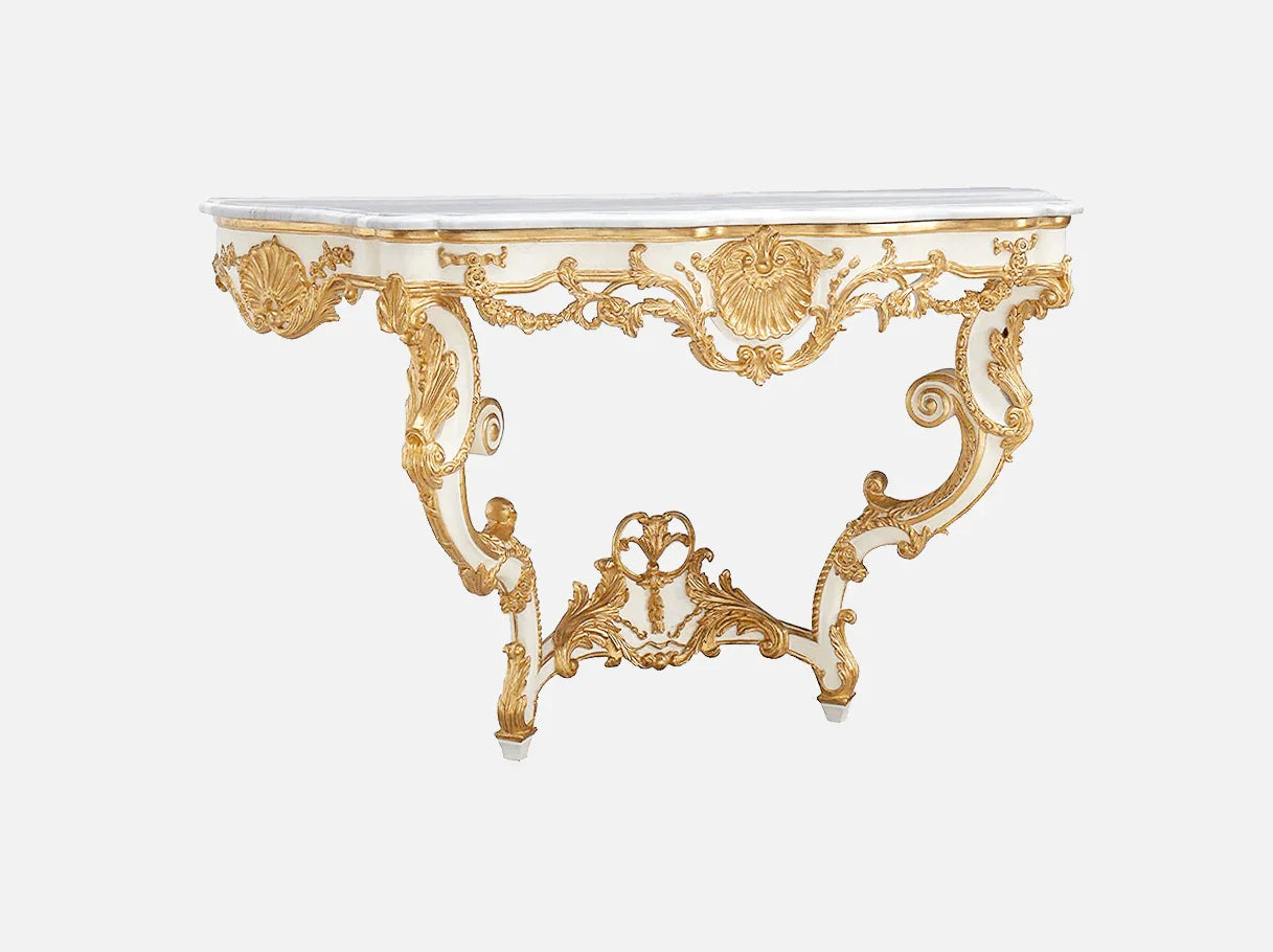 Side view of white console table CS-0499 with marble top, hand-carved beechwood frame, and gold leaf detailing for luxury interiors.