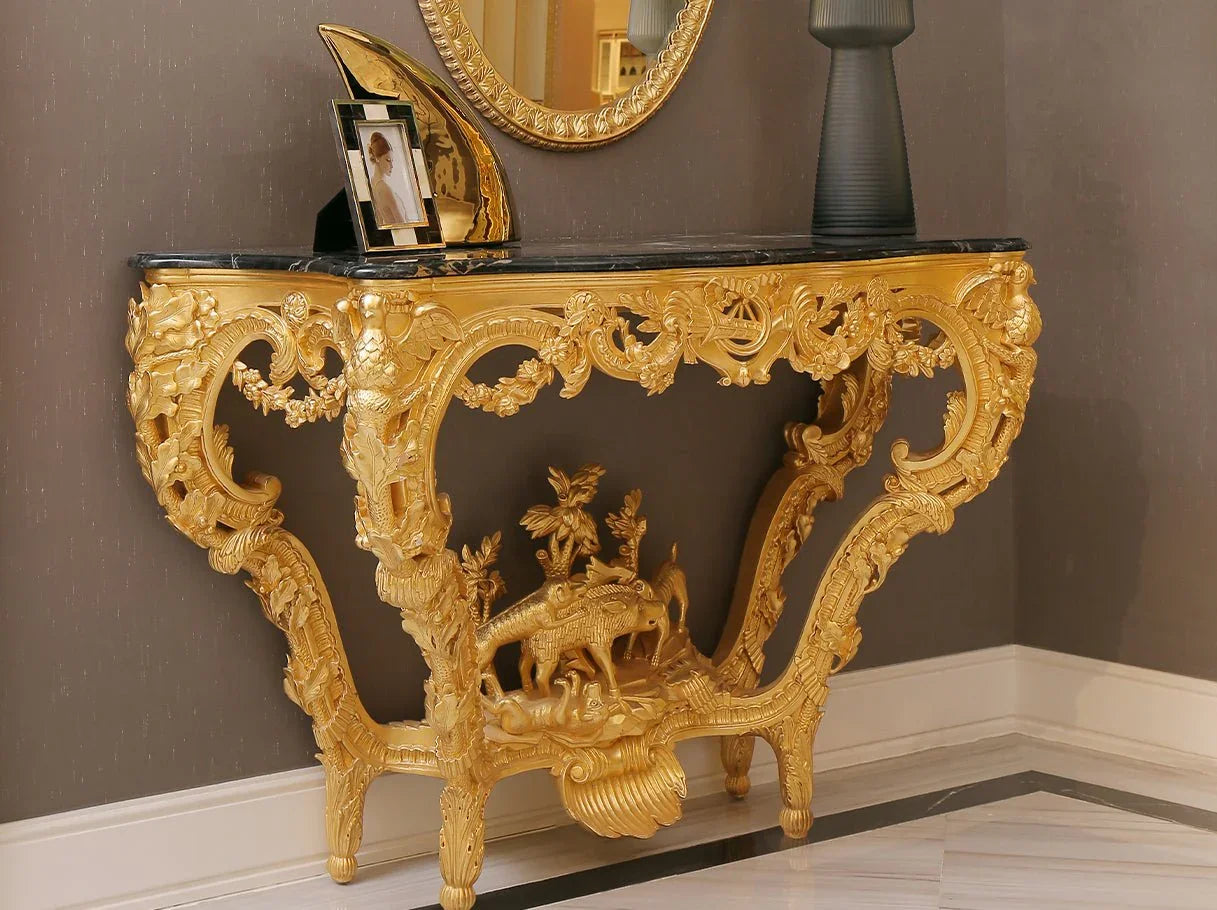 High end retro console table with marble surface and gold carved frame, enhancing luxury living room with refined decorative artistry.