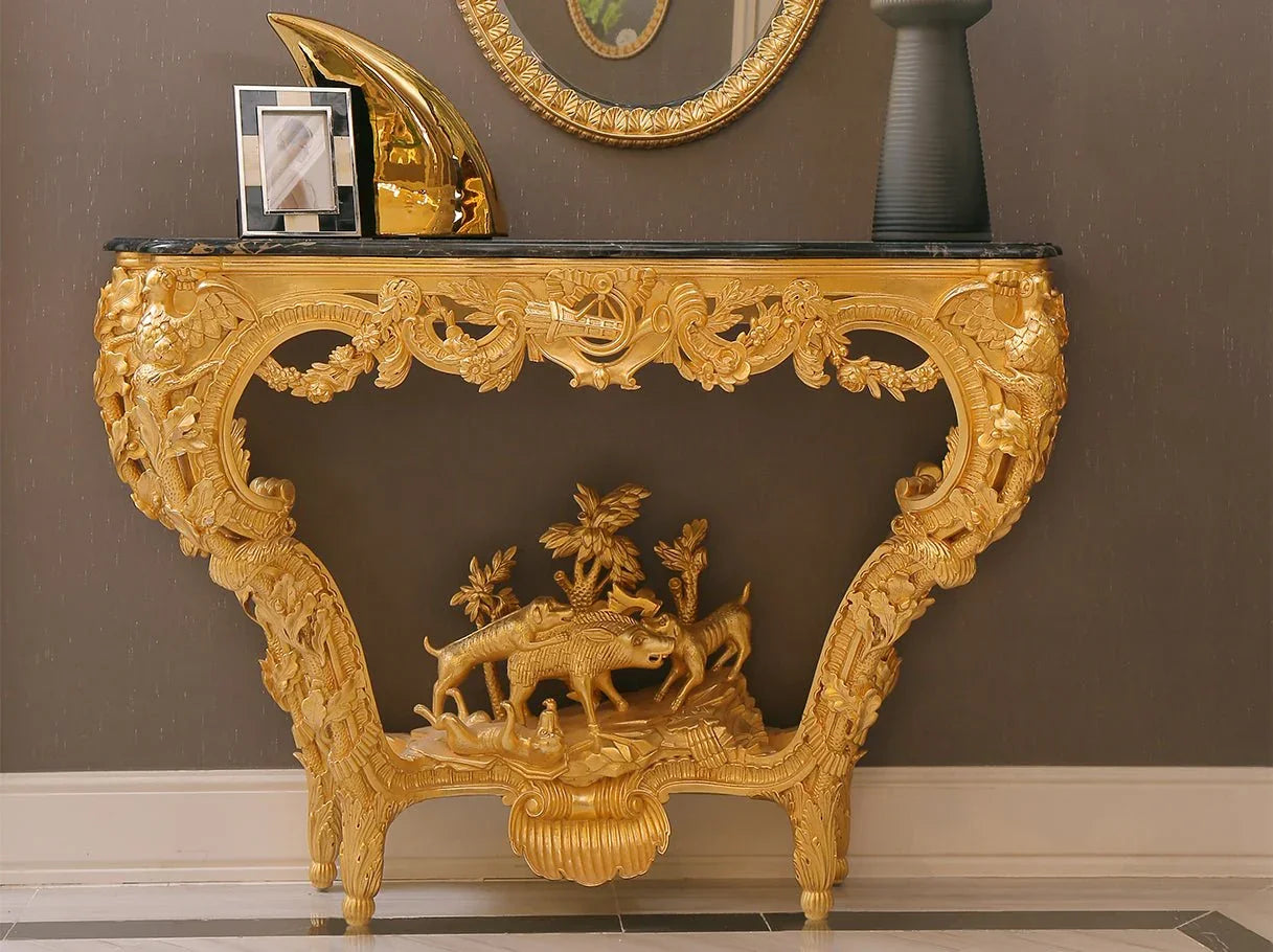 Vintage retro console table in luxury home furnishing setting, paired with décor accents, showcasing marble top and ornate carved details.