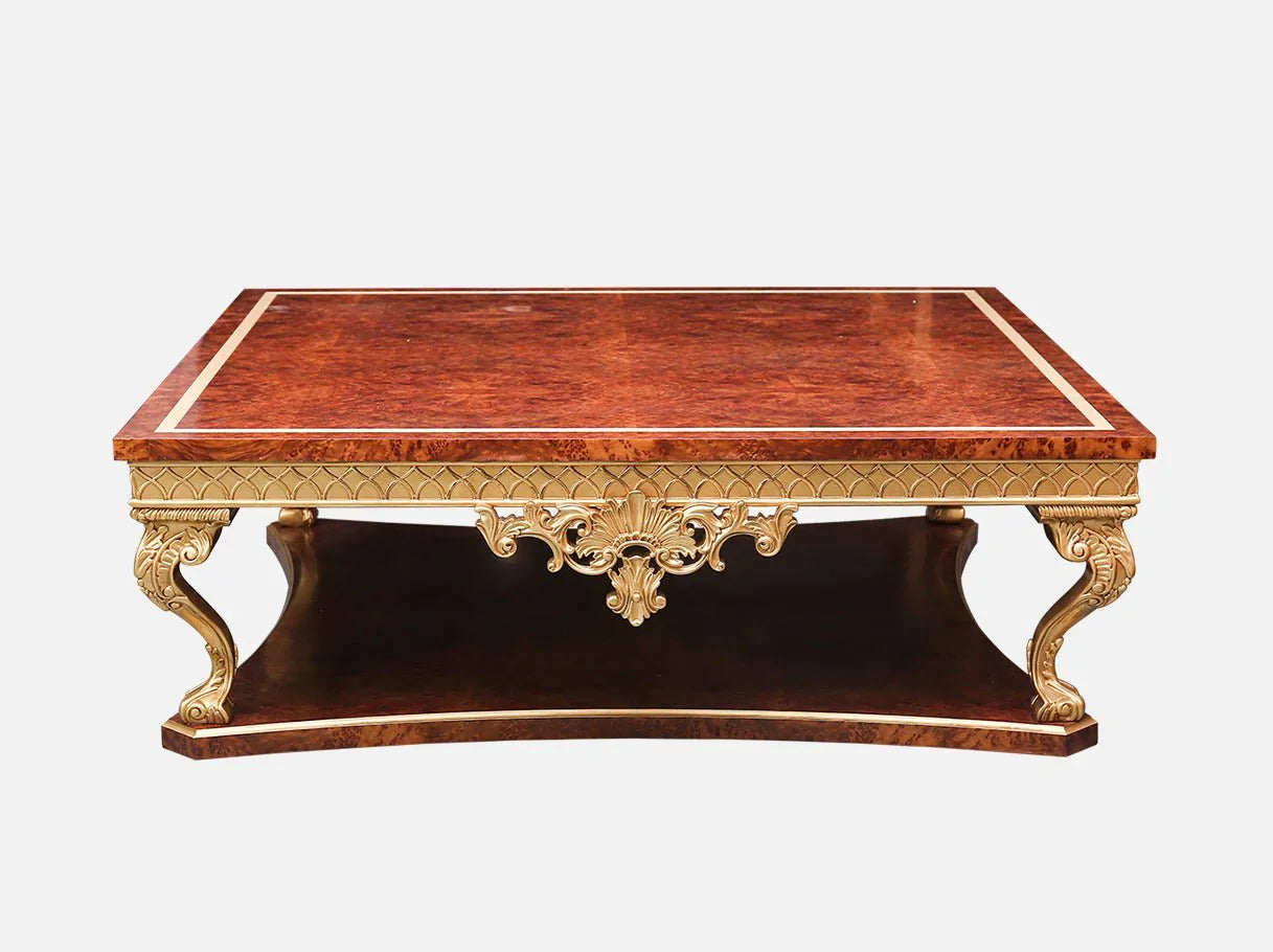 Solid wood coffee table CT-0506 with veneer top, carved apron, and gold leaf accents, crafted for luxury living room interiors.