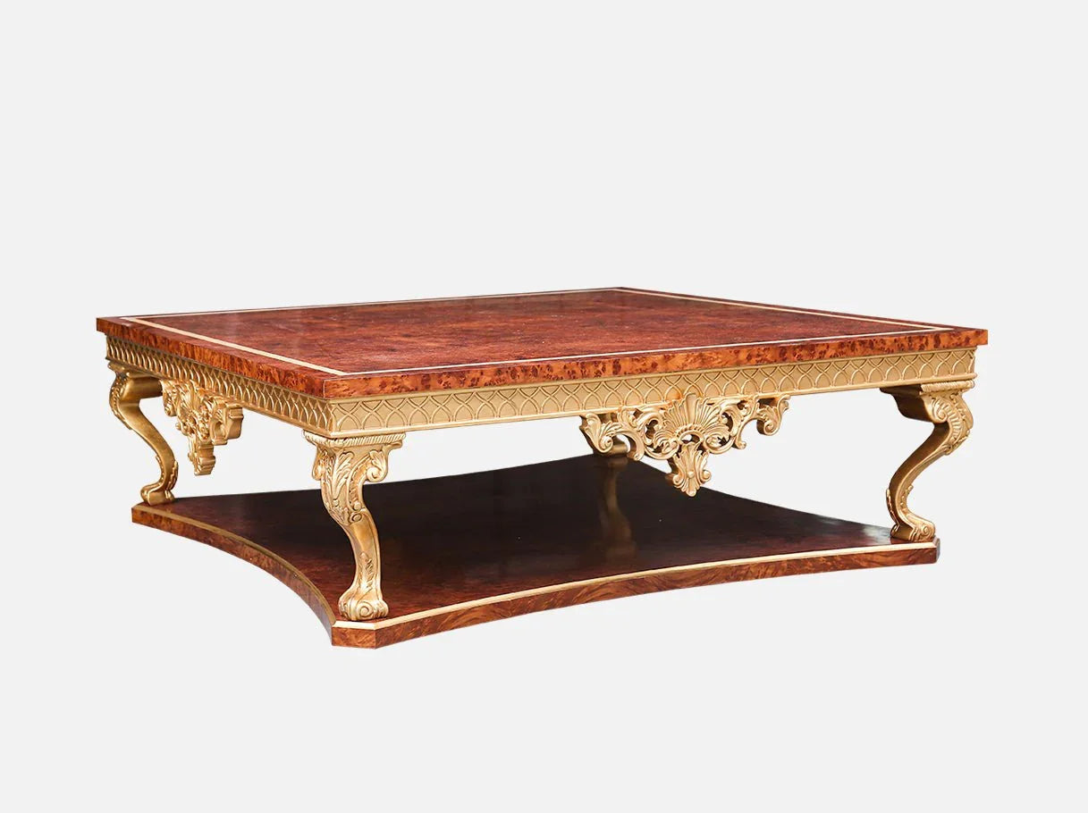Side view of solid wood coffee table CT-0506 showcasing carved legs, gilt details, and open shelf for high end furniture appeal.