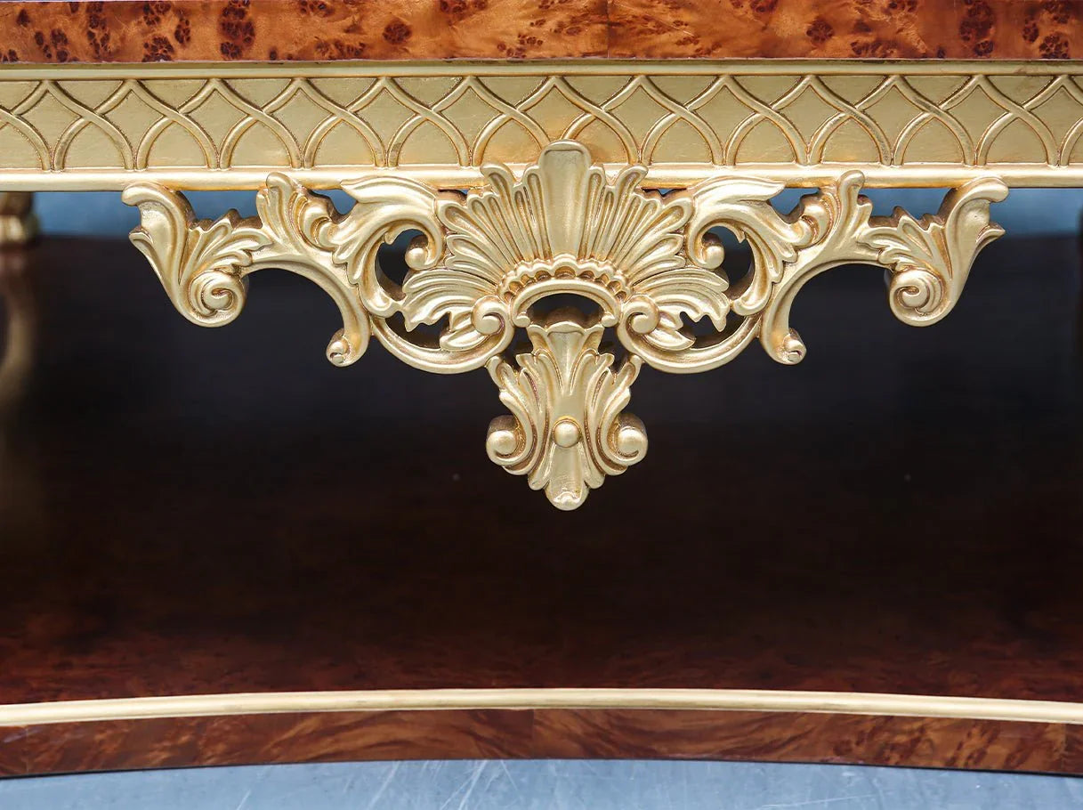 Decorative apron of CT-0506 solid wood coffee table featuring ornate carvings and luxury finish for classic home interiors.