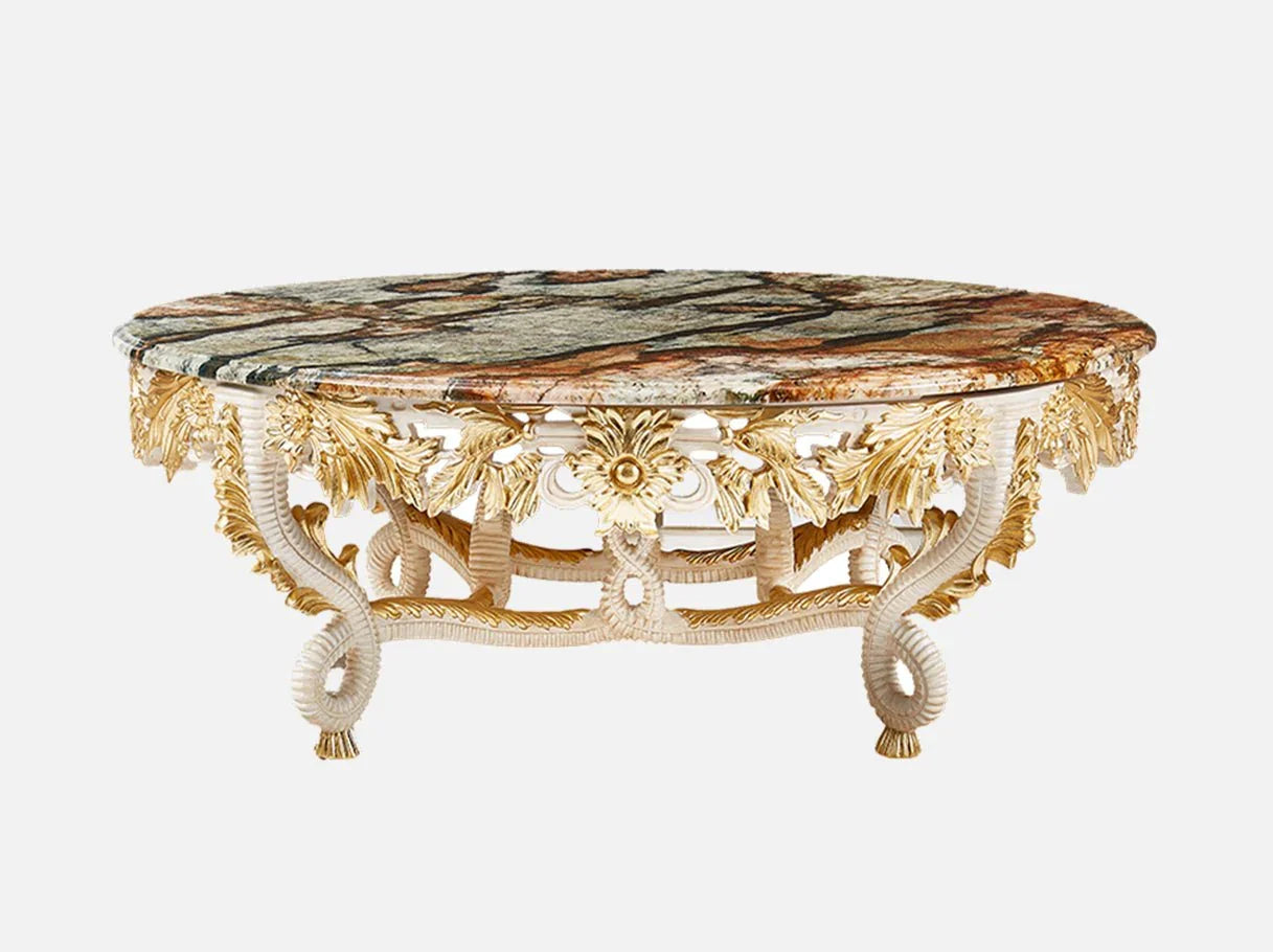 Front view of Marble Coffee Table CT-0003 with round marble top and gold leaf carved base.